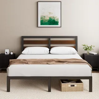 Zinus Kai Lattenrost 135 x 190 cm - Höhe 28 cm - Doppelbett aus Bambus und Stahl mit Kopfteil - Metalllatten - Stauraum - einfache Montage - Schwarz und Braun