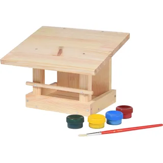 dobar® Vogelfutterhaus Bastel-Set - Vogelhaus zum Selberbauen und Bemalen - Futterstation Bausatz für Wildvögel DIY-Set - Kleine Vogelvilla Massivholz inklusive Mal-Set - 22,5 x 18 x 16 cm