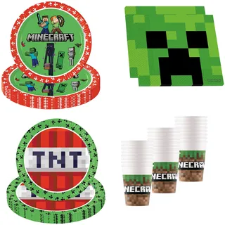 Procos - Minecraft Geburtstagsdeko, 52-Teilig, Pappteller, Becher und Servietten für Kindergeburtstag, Partygeschirr