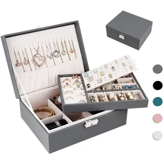 Homtibrm Schmuckkasten, Schmuckkästchen mit 2 Ebenen, PU-Leder Schmuckbox Schmuckschatulle Groß Schmuck Organizer für Ringe Ohrringe Armbänder Halsketten, Grau