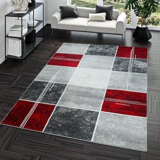 Teppich Günstig Karo Design Modern Wohnzimmerteppich Grau Rot Top Preis, Größe:160x220 cm