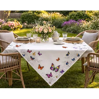 KAMACA Tischdecke Mitteldecke 80x80 cm Zaubergarten mit Schmetterlingen – Elegantes Natur-Design für Frühling & Sommer, Pflegeleichte Orchideen - Tischdecke für Esszimmer, Balkon & Garten