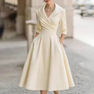 Damen Satin A-Linie Abendkleid Elegant Langarm V-Ausschnitt Hochzeit Gast Cocktail Party Outfit mit Umlegekragen in Aprikose Schwarz Weinrot (L Aprikose)
