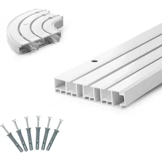 DQ-PP GARDINENSCHIENEN und Rundbogen Set – 300cm – PVC – 3-läufig – weiss – inkl. Befestigungsmaterial – 3m (2 x 150cm Verbinder) – Gardinen Schiene Vorhangschienen