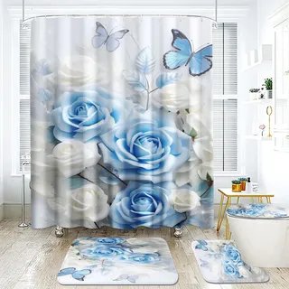 Fadaing Rose Duschvorhang 180 x 200 180 x 180 Blumen Duschvorhänge Wasserdichtes Polyeste Blühende Roses Duschvorhang Badezimmermatte 4-teiliges Set (200 x 200 cm,6)