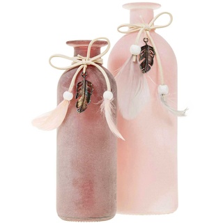 SIDCO Blumenvase 2 x Vase Flasche Glas Federn rosa Beeren Flaschenvase pink Deko