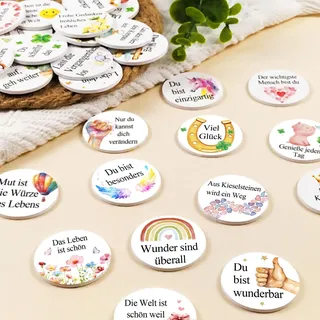 30x Glücksmünzen Holz mit Sprüchen, Kleine Glücksbringer Mutmacher Geschenk, Als Tischdeko & Streudeko & Gastgeschenke, Ideal für Geburtstag, Weihnachten, Neujahr, Silvester, Schulanfang