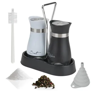BZUEPRS Salz und Pfefferstreuer Set mit Halter, Pinsel und Trichter | Schwarz-weiß Gewürzstreuer, Salzstreuer aus Glas und Edelstah, Küchenzubehör für Küche, BBQ, Camping und Restaurant