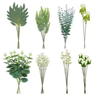 Künstliche Blumen & Zweige Kunstpflanzen 62 Stück Grüne Blätter und Weiß Kunstblumen Künstlich Eukalyptus Dekozweige Fake Flowers für DIY Blumenstrauß Brautstrauß Kunstblumenstrauss Hochzeit