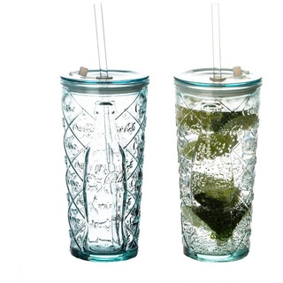 BigDean Longdrinkglas 2x Coca-Cola Gläser 0,5 l mit Strohhalm Rauten To Go Becher, Glas weiß