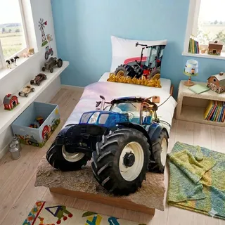 Traktor Bettwäsche Set mit Wendemotiv 2-teilig 135x200 80x80 cm - Renforcé Bettwäsche aus 100% Baumwolle mit Reißverschluss - - Bunt/Blau