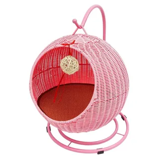 Katzenbett - Hängesessel/Schaukelbett - Handgeflochtene PP-Rattanoptik - Freistehend - Abnehmbar - Mit Kühlmatte - Rosa - Rosa