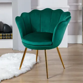 Ya-Home Samt Sessel Wohnzimmer, Schminktischstuhl mit Goldfuß Gepolsterter Blumenform Loungesessel Relaxsessel für Wohn/Schlafzimmer,Grün