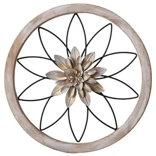 Wambere 3D Blumen Wanddeko Wandkunst Metall Holz Vintage Wandornament Boho Wanddeko Rund Rustikale Wanddekoration Wohnzimmer Hängende Wanddeko Rund Wandkunst für Esszimmer Flur und Büro,Gold