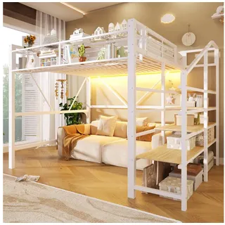 BlingBin Hochbett Metallbett (1-St., mit LED-Lichtleiste,Treppenregal,Gitterelementen und offenem Stauraum) 140 x 200 cm,ohne Matratze weiß 163 cm x 251.5 cm x 170 cm