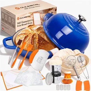 Gusseisen Topf Brot Backen, Schmortopf Gusseisen Topf mit Deckel, Dutch Oven Brotbacktopf mit Gärkorb Einschneider Teigmischer Brotbackform für Schmoren, Braten, Sauerteig Starter Set