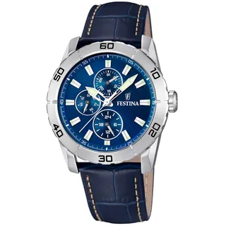 Festina Herren Uhr Analog mit Blauem Lederarmband - Quarzwerk - Mineralglas mit hoher Widerstandsfähigkeit - Wasserdicht bis 5 ATM - Elegant - Multifunktion F16607/2 Special Prices