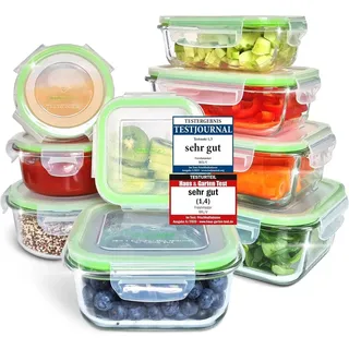 Fresh Master Frischhaltedose Set 18 tlg. Borosililatglas, (370 ml, 640 ml, 1.050 ml, 1.520 ml rechteckig mit Deckel 320 ml, 800 ml quadratisch mit...