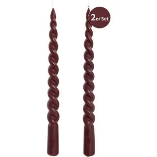 2er Set Stabkerzen Lene, gedreht, rot bordeaux | Premium Spitzkerzen spiralförmig twisted, 25cm lang, dunkelrot, ohne Duft | Tafelkerze Leuchterkerze Spiralkerze
