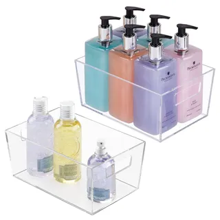mDesign 2er-Set Ablagebox mit integrierten Griffen – transparente Aufbewahrungsbox mit ansprechendem Design – ideal zur Kosmetikaufbewahrung im Bad – durchsichtig