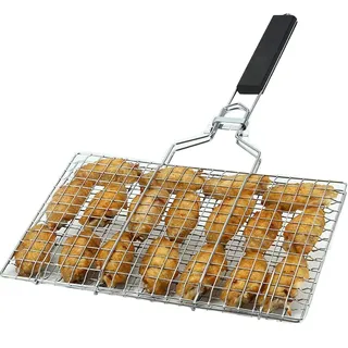 Does Not Apply Grillkorb, Tragbarer Grillkorb, Edelstahl Faltbare BBQ Grill Mesh Klemme mit abnehmbarem Griff für Fisch, Steak, Garnelen