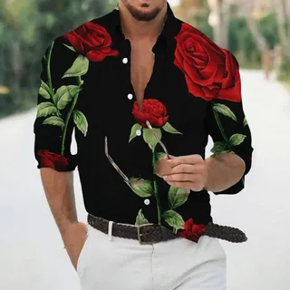VISIONO Freizeithemden Herrenhemden,Herren Blumenhemd Button-Down-Hemden DREI Rote Rosen Muster Schwarz Herren Romantisches Lockeres Langarmhemd Gelten Für Hochzeitsfeier, Abschlussball, Konzert
