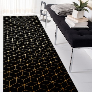 rugsx Modern Gloss Teppich Läufer, stivoll Würfel, Glamour, Art Deco schwarz/Gold 70x250 cm