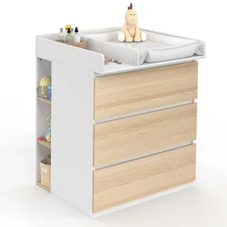 IDMarket - Wickelkommode Ambre in Buchenholzoptik und weiß 3 Schubladen Wickeltisch und 2 abnehmbare Regale