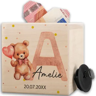 Spardose - Holzspardose Initialen Bär mit Name und Datum I Geldgeschenk Sparbüchse Holz Mädchen I Anfangsbuchstabe Geschenk Taschengeld zur Geburt - 10x10cm - Holz - Buchstaben