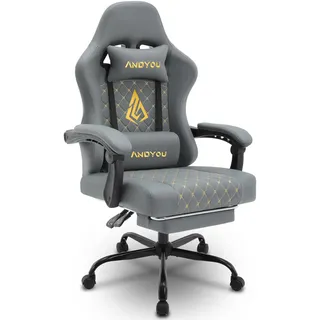 Andyou Gaming Stuhl mit Fußstütze – Ergonomischer Gaming Sessel aus Wildlederimitat, Gamingstuhl Erwachsene, Höhenverstellbarer Bürostuhl, Gaming Chair