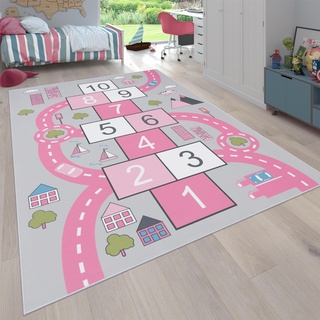 Paco Home Teppich Kinderzimmer Kinderteppich Spielteppich Straßen Design Mit Hüpfkästchenspiel rutschfest Grau Rosa, Grösse:100x200 cm