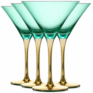 Farbige Martini-Art-Deco-Gläser, Gold, 2 Stück, 237 ml, klassische Cocktail-Gläser für Cosmopolitan, Martini, Bellini, Sidecar, Crystal Speakeasy Style Kelchstiele, Blaugrün, Grün (226.8) g)