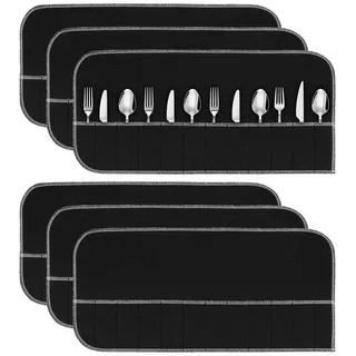 BlingBin Besteckeinsatz 6 Stück Aufbewahrungsbeutel aus Stoff, Besteck-Organizer (6er Set, 6 St., Produktgröße: 24 x 50 cm), Silberschutzbeutel mit Weißem Band für Küchenbesteck, Anlaufschutz schwarz