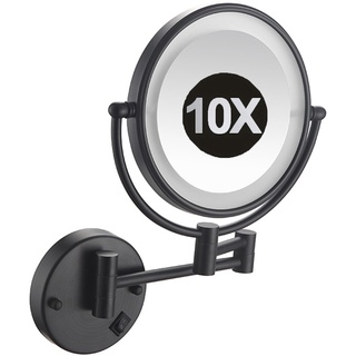 8 Zoll schwarzer LED-beleuchteter Make-up-Kosmetikspiegel zur Wandmontage mit Schalter, zweiseitiger, schwenkbarer, ausziehbarer Kosmetikspiegel mit Vergrößerung, Beauty-Rasierspiegel,Plug in,10X