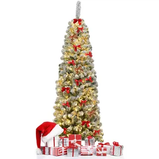 RELAX4LIFE 180 cm Künstlicher Weihnachtsbaum mit Beleuchtung und Schnee, Bleistift Tannenbaum mit 250 warmweißen LED-Lichtern & Metallständer, Christbaum schmal für Zuhause & Büro & Geschäften, Grün