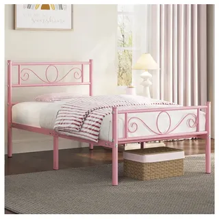 Yaheetech Bettgestell Metallbett mit Kopfteil, Einzelbett/Doppelbett Metallbettrahmen, 90/140/160 cm (B) rosa 96.5 cm x 196.5 cm