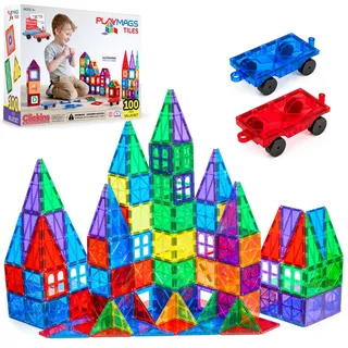 Playmags Magnetische Bausteine - 100 Stück Super Set: Mit stärksten Magneten garantiert, robust, super haltbar mit lebendigen klaren Farbe Fliesen. 18-teiliges Clickins-Zubehör