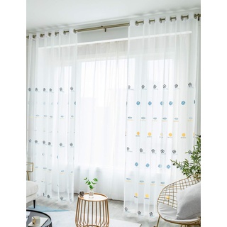 Lactraum Vorhang Kinderzimmer Transparent Weiß mit Ösen Stickerei Fußball Basketball Rugby Baseball Voile 100 x 245 cm