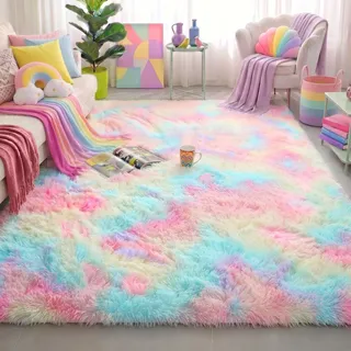 Flauschige Regenbogen-Teppiche für Mädchenzimmer, Einhorn-Zimmerdekoration, Pastell-Teppich für Kinder, Shag Teppich für Kinderzimmer, Plüschteppich für Spielzimmer, Überwurfteppich 10.2x15.2 cm