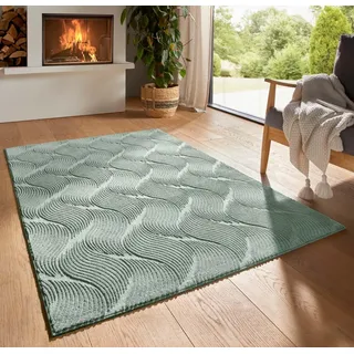 Taracarpet Kurzflor Boho Skandi Polyester Teppich in 3D Optik waschbar, pflegeleicht und robust ideal fürs Wohnzimmer, Schlafzimmer und Kinderzimmer auch als Badematte Grün Düne 240X340 cm