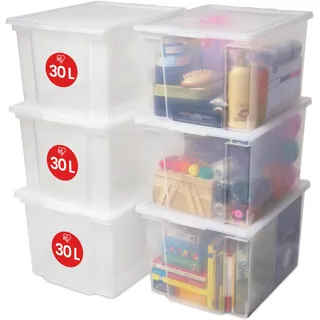 Iris Ohyama Iris Ohyama, 30L Plastik Aufbewahrungsboxen mit Deckel, 6 große stapelbare Boxen, BPA-frei, Wäscherei, Büro, USB-M, Transparent - L42 x T35.5 x H26.5 cm