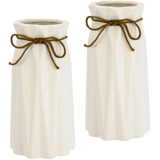 I.GE.A. Vase mit Riffelungen und Schleife aus Keramik Dekovase Einzelblumen Trockenblumen Zylindervase weiß matt geriffelt Blumenvase Modern Vasen für Tischdeko Tischvase Dekoration Trockenblume Pampasgras