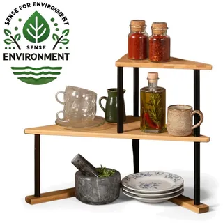 LS-LebenStil Küchenregal Holz Küchenregal Eckregal 39x52cm Metall stehend Aufbewahrungsregal, Küche & Bad - Gewürzregal über Eck - Organizer für Tassen Gewürze 1-tlg., Dekoregal als für Arbeitsplatte - Badregal Ablage Modern Platzsparend braun