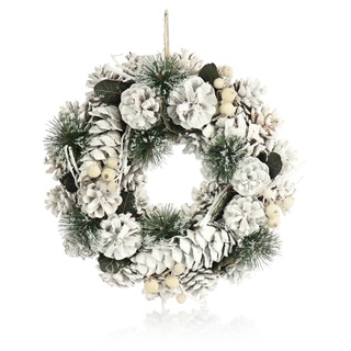 COM-FOUR® Türkranz für Weihnachten - weißer Adventskranz mit Zapfen und Zweigen - Dekokranz - Weihnachtsdeko - Tischkranz - Weihnachtskranz