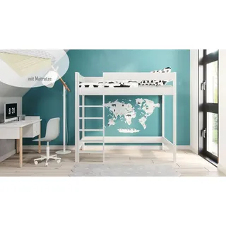 Hochbett Hugo 180x80 Kinderbett mit Rausfallschutz & Lattenrost weiß 80 x 180 für Mädchen und Jungen Massivholz Kiefer, mit Matratze - Weiß