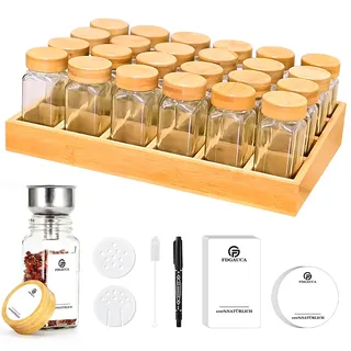 SIAZIH Umweltfreundliches Gewürzregale Holz mit 24 Bambusfächern | 24 120ml-Gewürzgläser Drawer Organizer | Gewürzregal mit Gläsern Gewürzetiketten | Gewürzregal Stehend | Gewürz Organizer