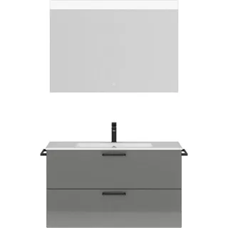 nobilia® Badmöbel-Set Tolvina, (2-St., vormontiert, mit Soft-Close), Hochglanz, inkl. Spiegel mit Touch-Sensor, in vier Breiten grau 101 cm x 169 cm x 48,7 cm