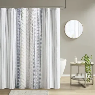 Duschvorhang 182,9 x 182,9 cm, 100% Baumwolle, weiß und dunkelblau, Badezimmer