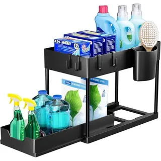 Doppellagiges Unterschrankregal 40 X 17,2 X 33,5 Cm – Ausziehbare Schubladen Für Küche Und Bad – Schwarz