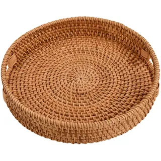 Rattan Rundes Serviertablett, Rattan Tablett, Gewebtes Dekoratives Tablett, Handgewebtes Korbtablett mit Holzgriffen/ Ausgeschnittenen Griffen für Frühstück, Getränke, Desserts, Kerze, Schmuck (φ30cm)